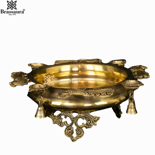 Brassaura® Peacock Brass Urli with Diyas & Bells | Handcrafted Decorative Centerpiece | Height 5 Inches & Weight 4.7 Kgs