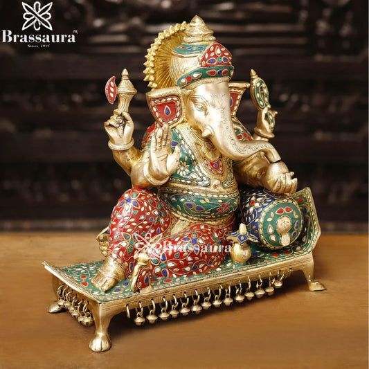 Brass Gem Stone Work Ganesha Weight 16 Kg & Height 15.5 Inch