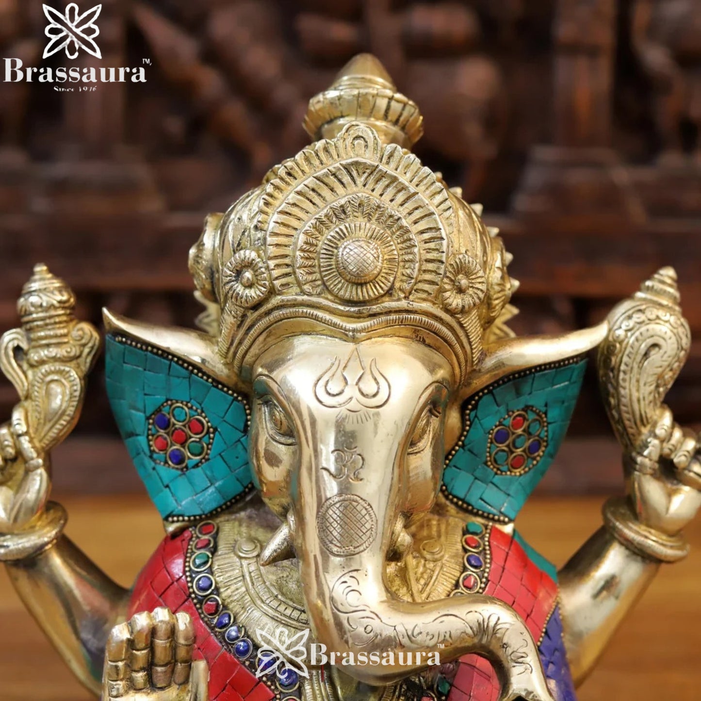Brass Gem Stone Work Ganesha Weight 9.12 Kg & Height 12 Inch