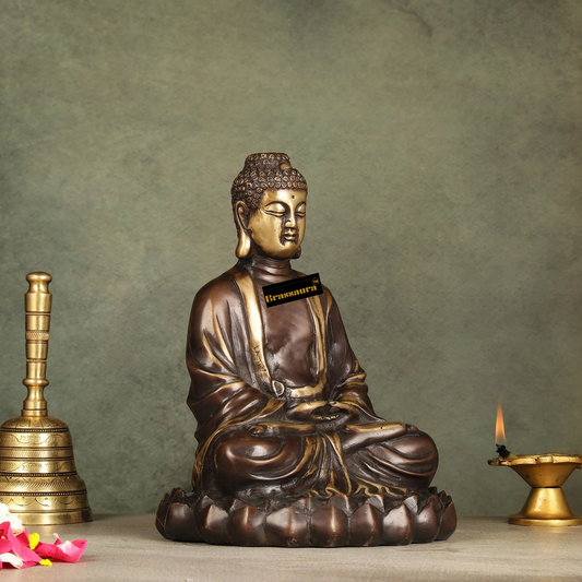 Brassaura™ Pure Brass Meditative Buddha Statue in Antique Brown Finish – Height 10 Inches & Weight 4.25 Kgs