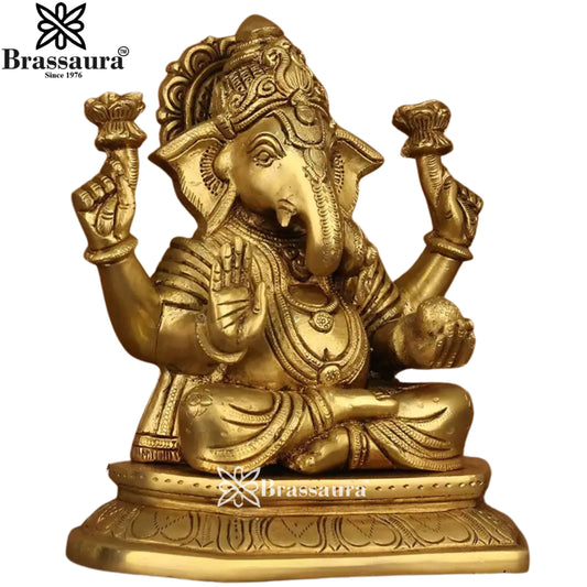 ब्रासौर® सुपरफाइन आसन गणेश पीतल की मूर्ति | विस्तृत हस्तनिर्मित डिज़ाइन | ऊँचाई 8 इंच