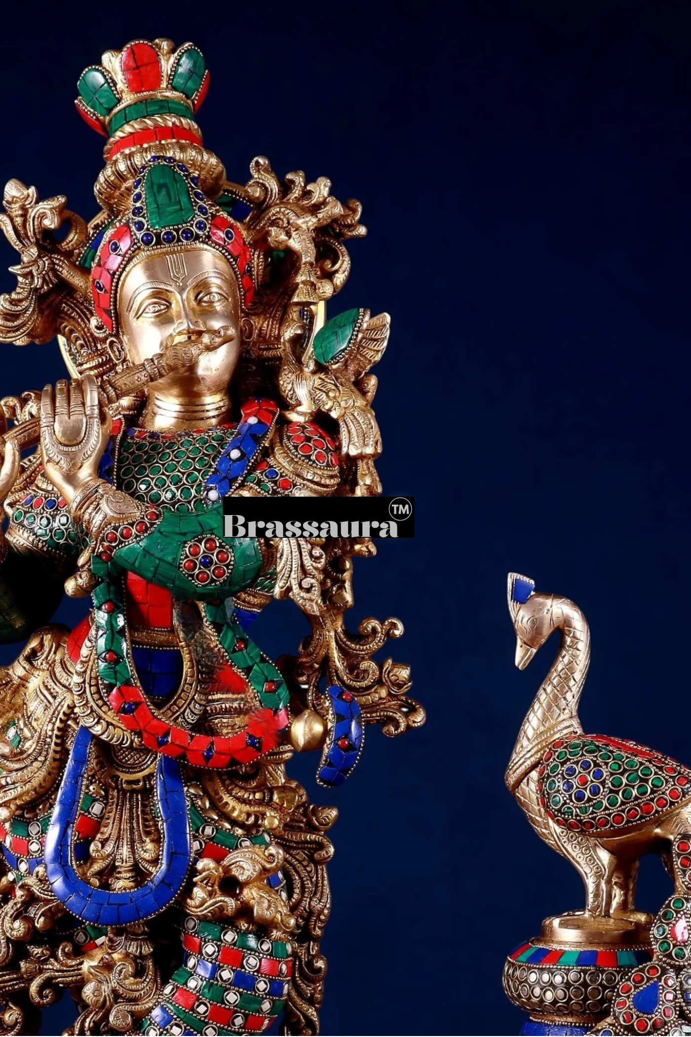 Brassaura™ Krishna Flute Statue (29" | 19 Kgs) & Large Peacock Showpiece (20" | 8.5 Kgs) Set
