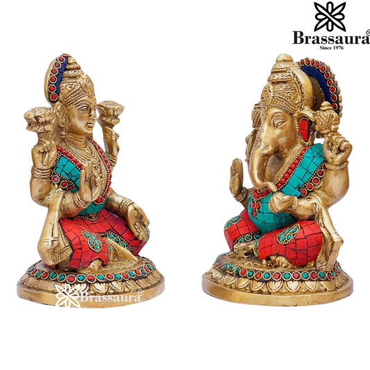 Brassaura® Lakshmi Ganesha Brass Idol Pair with Turquoise Coral Stonework | Handcrafted Decorative Murti Set | Height 8 Inches
