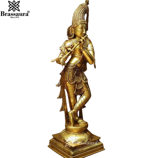 Brassaura® Golden Brass Chola Lord Krishna Playing Flute Brass Idol | Handcrafted Chola Style Krishna Murti for Home Temple, Pooja Room & Spiritual Décor | Height 36 Inches | Weight 23 Kg