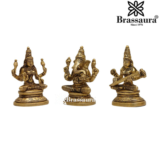 Brassaura™ Handcrafted Brass Laxmi Ganesha Saraswati Murti – Height 3.5 Inches & Weight 0.9 Kgs | Puja Room Idol