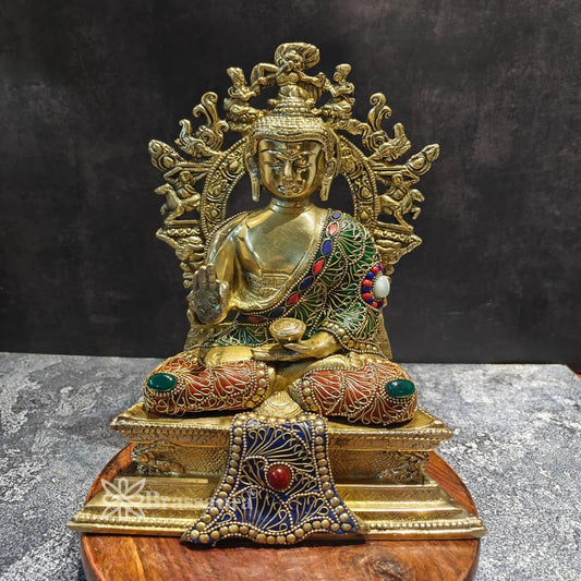 Brassaura® Buddha Sitting in Blessing Mudra Idol with Gem Stone Work Finish and Ornate Backrest | Pure Superfine Brass Handcrafted Murti | Brass Statue for Home Temple, Pooja Room | Height 12 Inches | Weight 5.1 Kgs