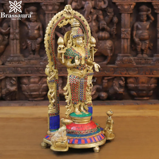 Brassaura™ Brass Gem Stone Work Laxmi Idol – Height 16 Inches & Weight 6.36 Kgs | Puja Room Hindu Murti