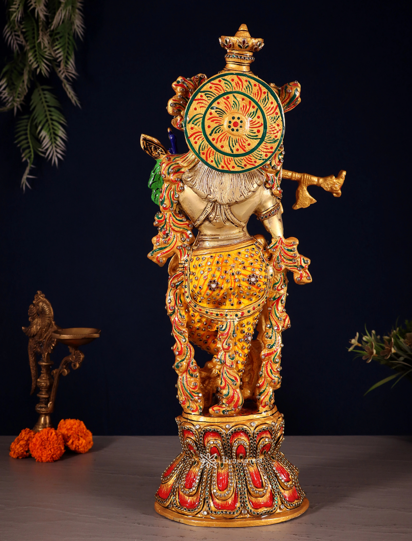 Brassaura™ Brass Krishna Statue with Natural Stones – Height 21" | Weight 9 Kgs