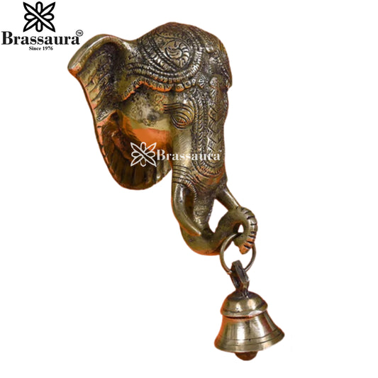 Brassaura™ Artistic Brass Ganesha Bell Wall Hanging – Height 8.5 Inches & Weight 1.75 Kgs | Spiritual Puja Accent