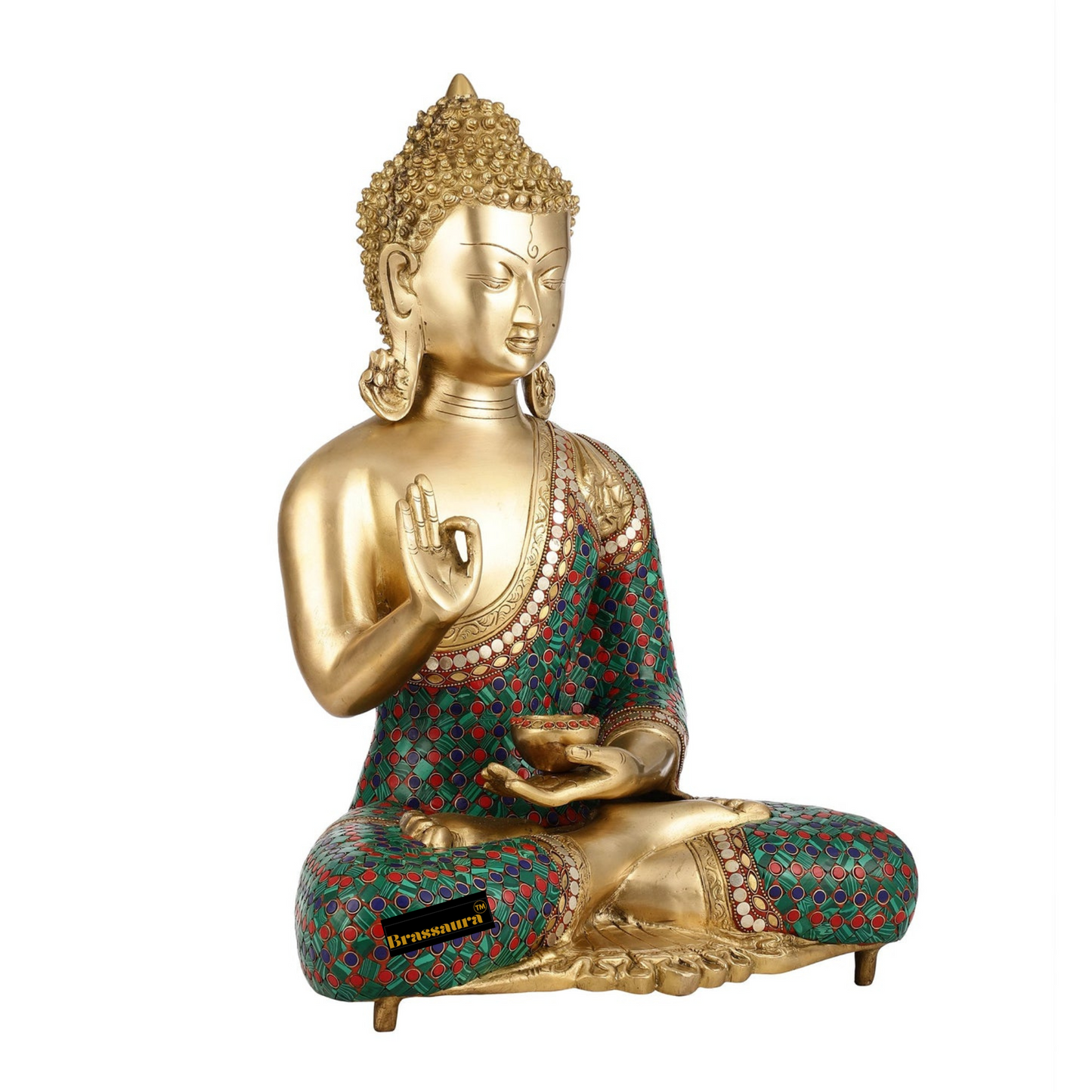 Brassaura™ Pure Brass Buddha Idol – Abhaya Mudra with Medicine Bowl – Height 20 Inches, Weight 20 Kgs