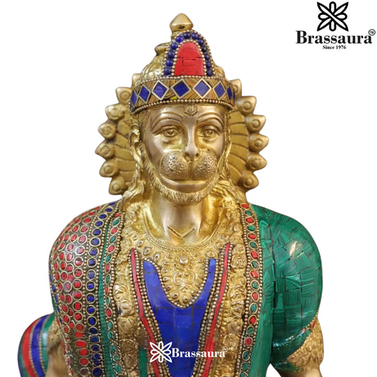 Brassaura® Hanuman Standing Idol Holding Gada with Golden And Stone-Like Finish | Pure Superfine Brass Handcrafted Murti | Brass Statue for Home Temple, Pooja Room | Height 23 Inches | Weight 13.38 Kgs