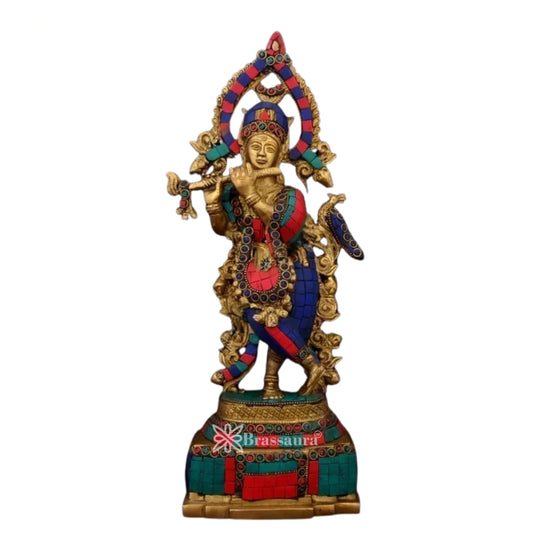Brass Gem Stone Work Krishna Murti Weight 2.7 Kg And Height 15 Inch