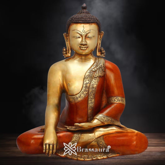 Brassaura® Brass Classic Buddha Idol with Red Robe in Seated Meditation Pose – Pure Superfine Brass Handcrafted Murti, Brass Statue for Home Temple, Pooja Room – 15 Inch, 10.6 Kg