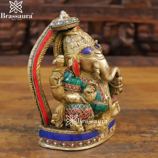 Brass Gem Stone Work Ring Ganesha Weight 3.8 Kg & Height 8.5 Inch