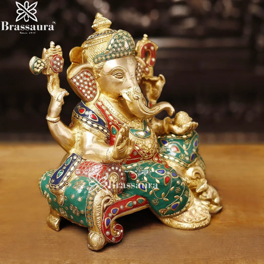 Brass Gem Stone Work Ganesha Weight 6.4 Kg & Height 12 Inch