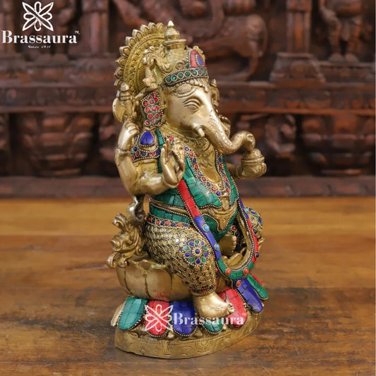 Brass Gem Stone Work Lotus Ganesha Weight 5.36 Kg & Height 12 Inch