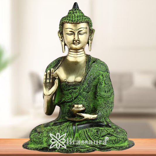 Brassaura® Vintage Buddha Idol for Home & Décor | Pure Superfine Brass Handcrafted Murti, Brass Statue for Home Temple, Pooja Room | Height 11 Inches | Weight 4.5 Kg
