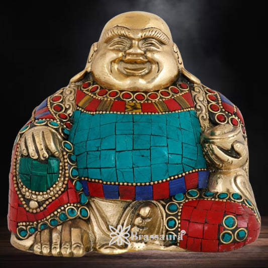 Brassaura® Laughing Buddha Idol with Gem Stone Work Finish | Pure Superfine Brass Handcrafted Murti | Brass Statue for Home Temple, Pooja Room | Height 4 Inches | Weight 1.4 Kgs
