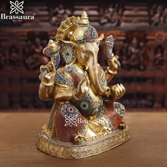 Brass Gem Stone Work Ganesha Weight 26.7 Kg & Height 22 Inch