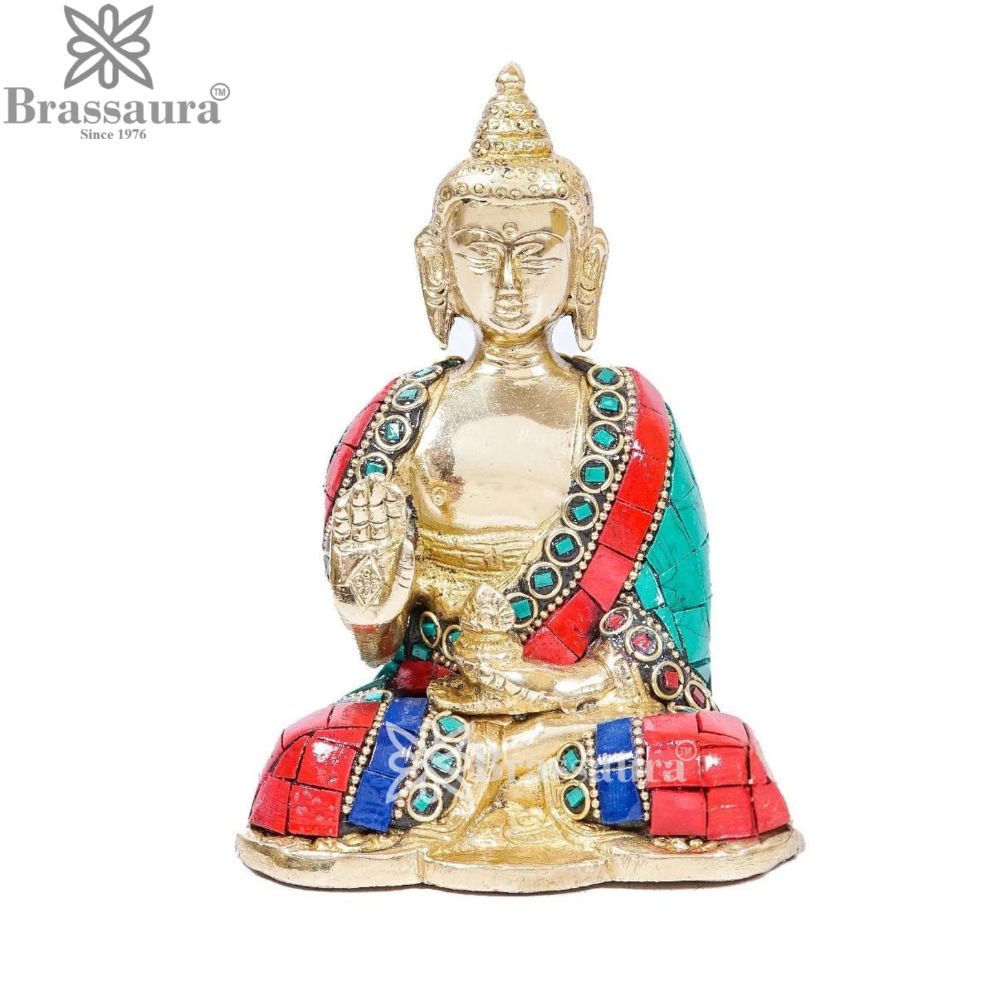 Brass Blessing Gem Stone Work Buddha Weight 0.65 kg & Height 5 Inch