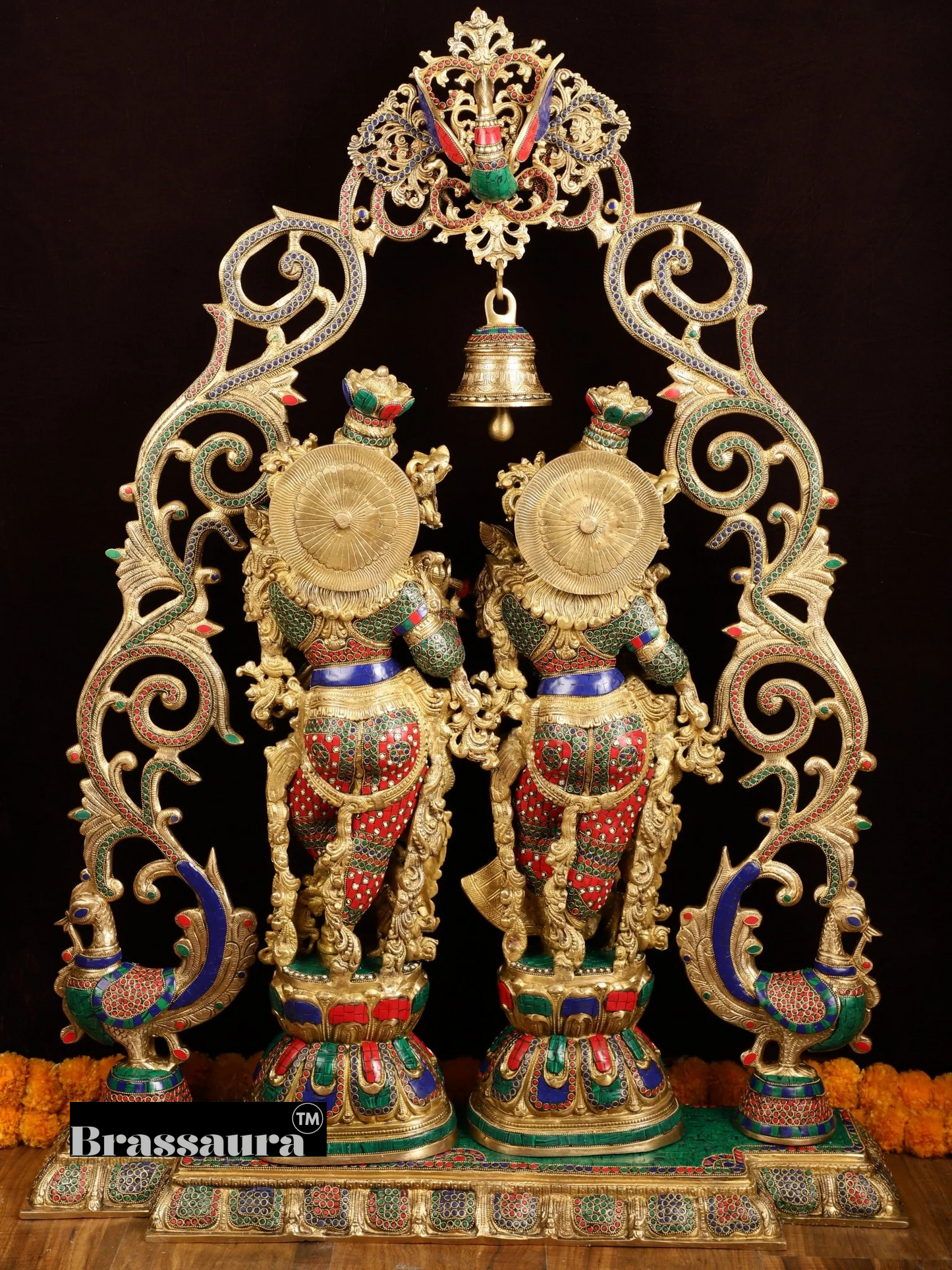 Brassaura™ Brass Radha Krishna Statue with Peacock Temple Arch – 45 Inch Height, 67 Kg | Meenakari Hindu Temple Decor