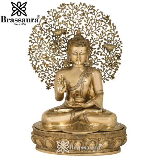 Brassaura® Buddha Seated Blessing Idol with Golden Brass Finish | Pure Superfine Brass Handcrafted Murti | Brass Statue for Home Temple, Pooja Room | Height 28 Inches | Weight 28 Kgs