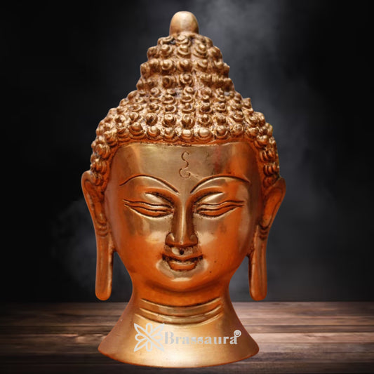 Brassaura® Buddha Head Decorative Statue with Royal Golden Finish | Pure Superfine Brass Handcrafted Murti | Brass Statue for Home Temple, Pooja Room | Height 5 Inches | Weight 1 Kg