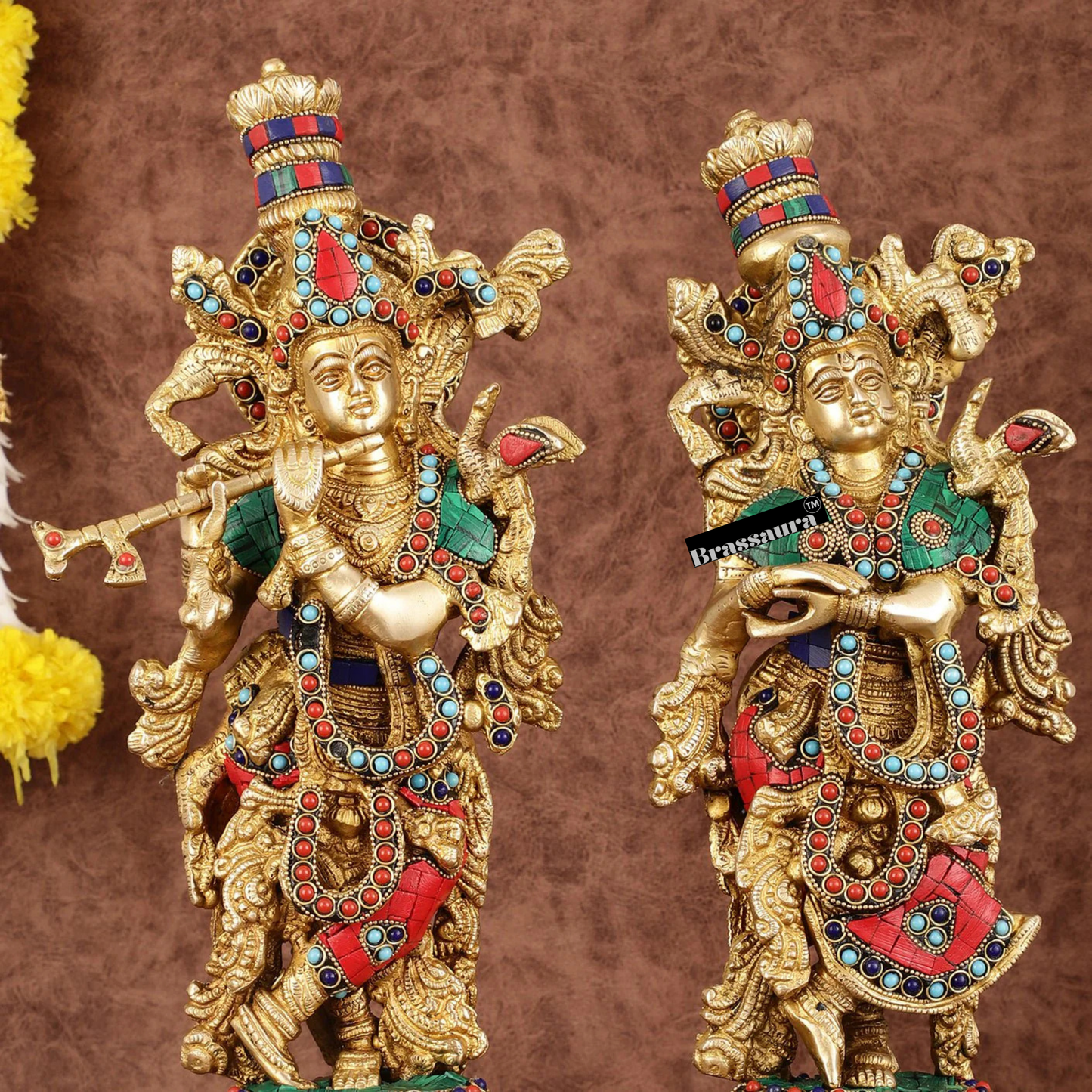 Brassaura™ Brass Radha Krishna Idol Pair with Exquisite Stonework – Height 15 Inches & Weight 10 Kgs | Divine Love Statues