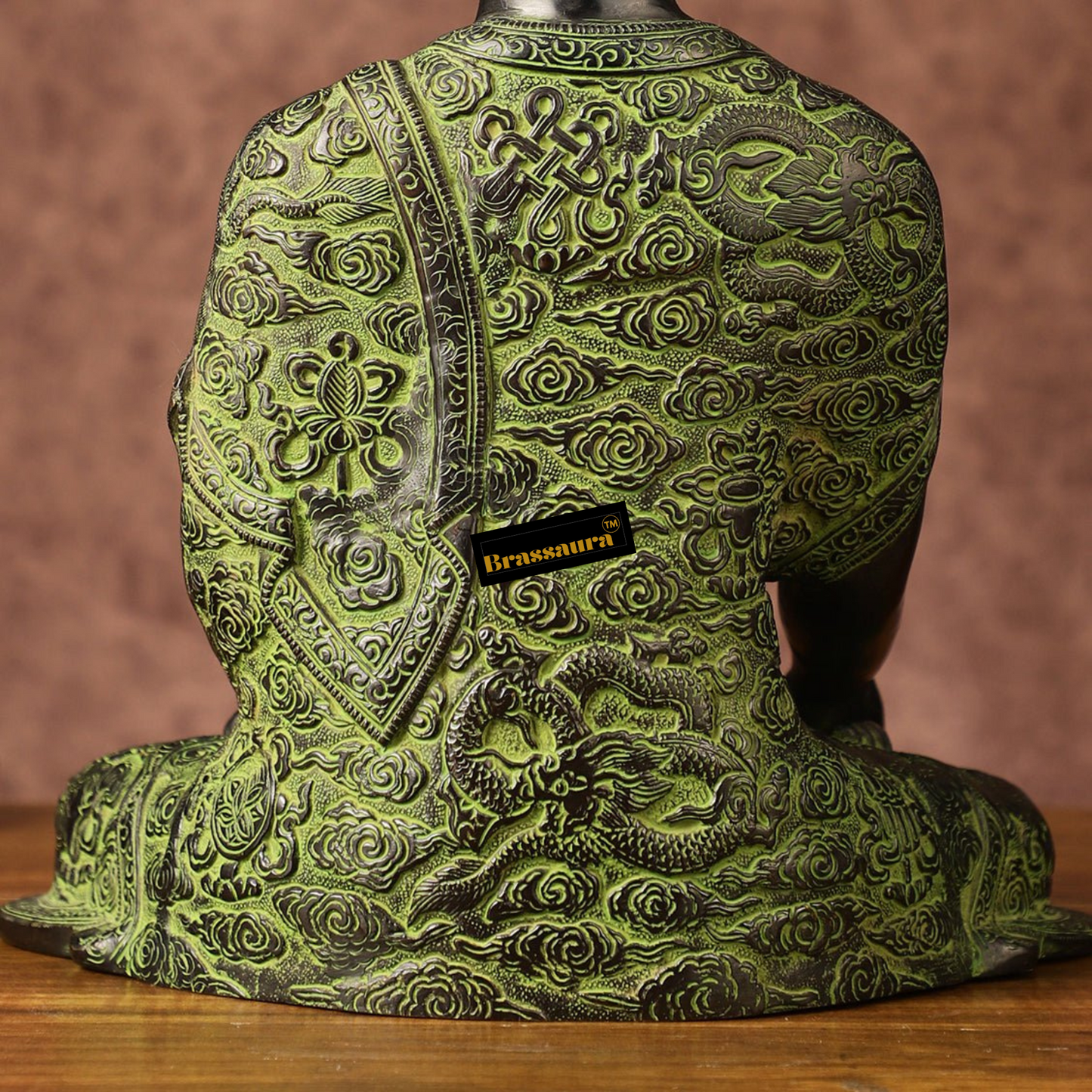 Brassaura™ Pure Brass Buddha Statue – Bhoomisparsha Nirvana Mudra with Dragon Carvings – Height 14 Inches, Weight 7 Kgs