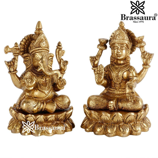 Brassaura™ Traditional Brass Laxmi Ganesha Murti – Height 5 Inches & Weight 2.9 Kgs | Puja & Temple Idol