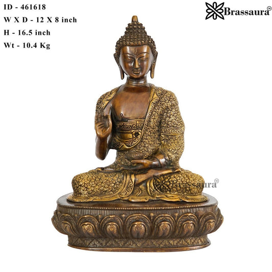 Brassaura® Buddha Sitting in Blessing Mudra Idol with Antique Brown & Gold Finish and Base | Pure Superfine Brass Handcrafted Murti | Brass Statue for Home Temple, Pooja Room | Height 16 Inches | Weight 10.5 Kgs
