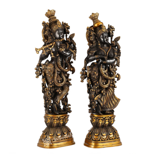Brassaura™ Handmade Brass Radha Krishna Idol Pair with Black & Golden Finish – Height 29 Inches & Weight 32 Kgs | Devotional Statue