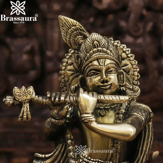 Brassaura® Lord Krishna Playing Flute Idol | Pure Superfine Brass Handcrafted Silver Antique Finish Murti | Premium Krishna Statue for Home Temple, Pooja Room & Spiritual Décor | Height 11.5 Inches | Weight 2.92 Kgs