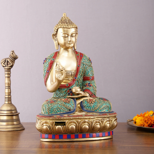 Brassaura™ Brass Buddha Statue with Stonework – Height 12 Inches, Weight 5.5 Kgs