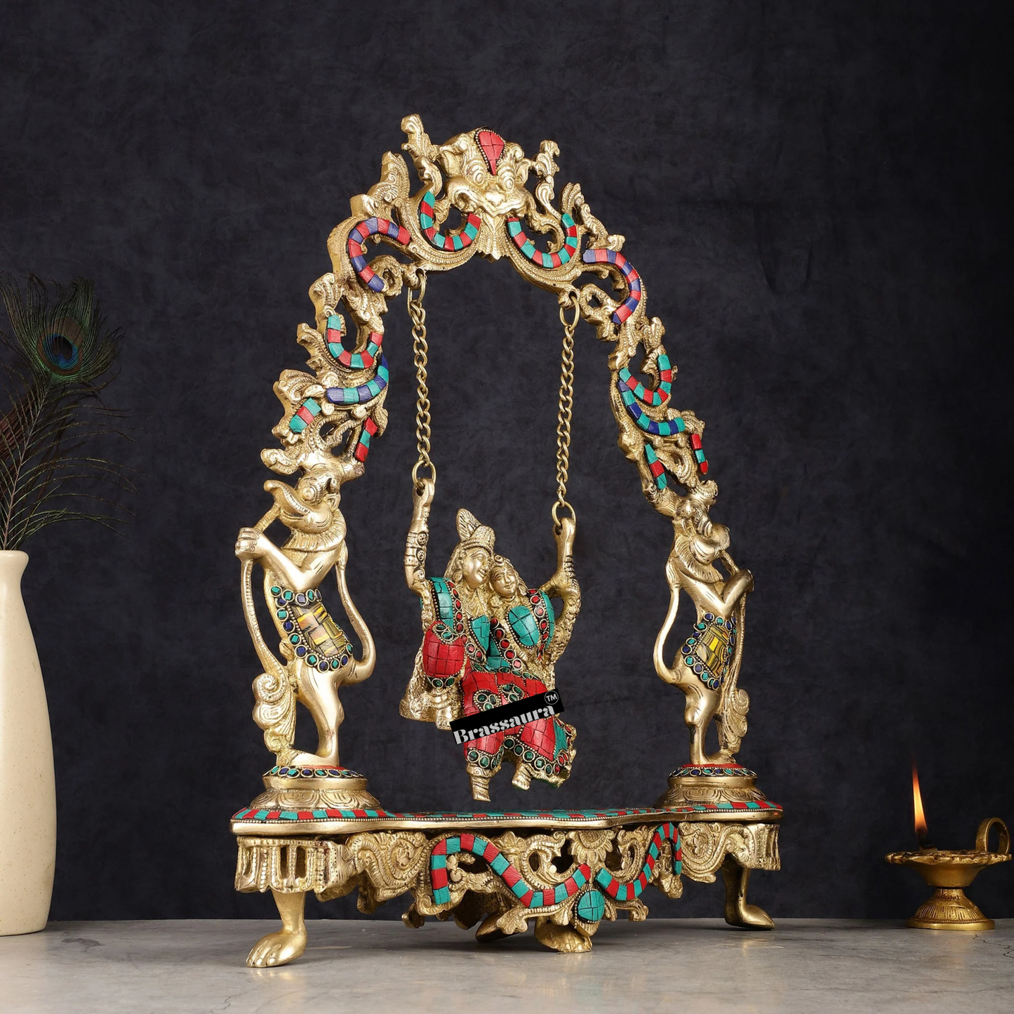 Brassaura™ Brass Radha Krishna on Swing with Natural Stones & Brass Rings – Height 18 Inches & Weight 8 Kgs | Elegant Devotional Statue