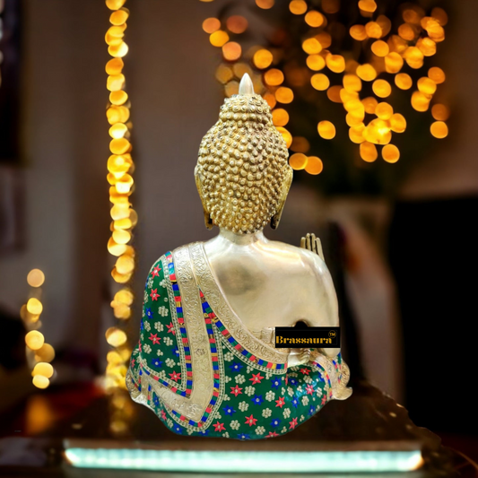 Brassaura™ Large Brass Buddha Idol in Abhaya Mudra with Medicine Bowl – Height 23 Inches | Weight 22 Kgs | Natural Stones & Brass Rings