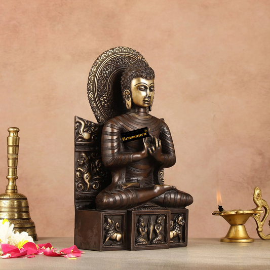 Brassaura™ Pure Brass Buddha Statue in Dharmachakra Mudra – Height 11 Inches & Weight 4.8 Kgs
