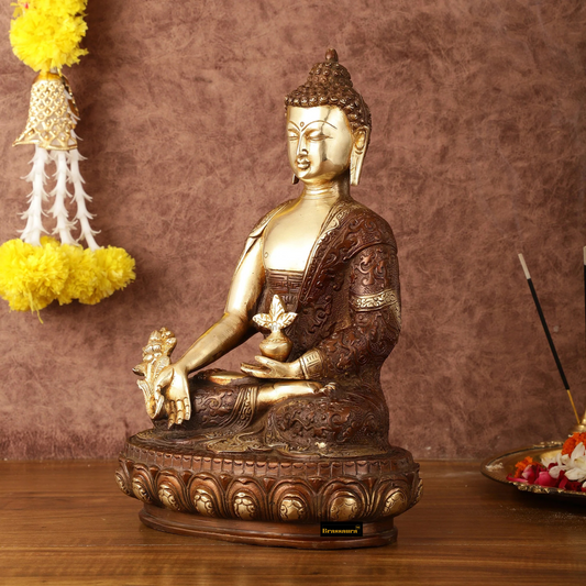 Brassaura™ Pure Brass Superfine Dual Tone Medicine Buddha Statue – Height 12.5 Inches, Weight 5.25 Kgs