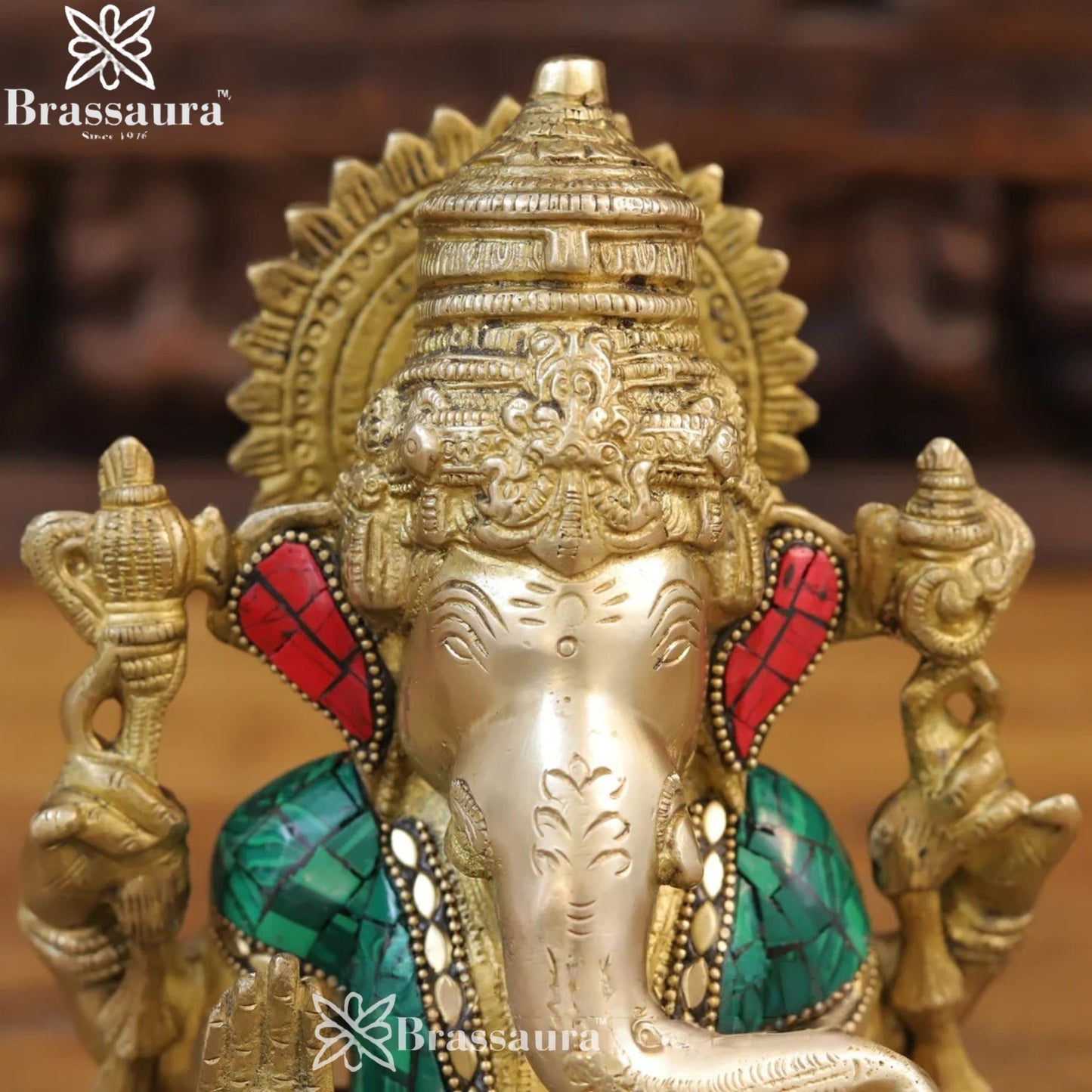 Brass Gem Stone Work Ganesha Weight 4.14 Kg & Height 9.5 Inch