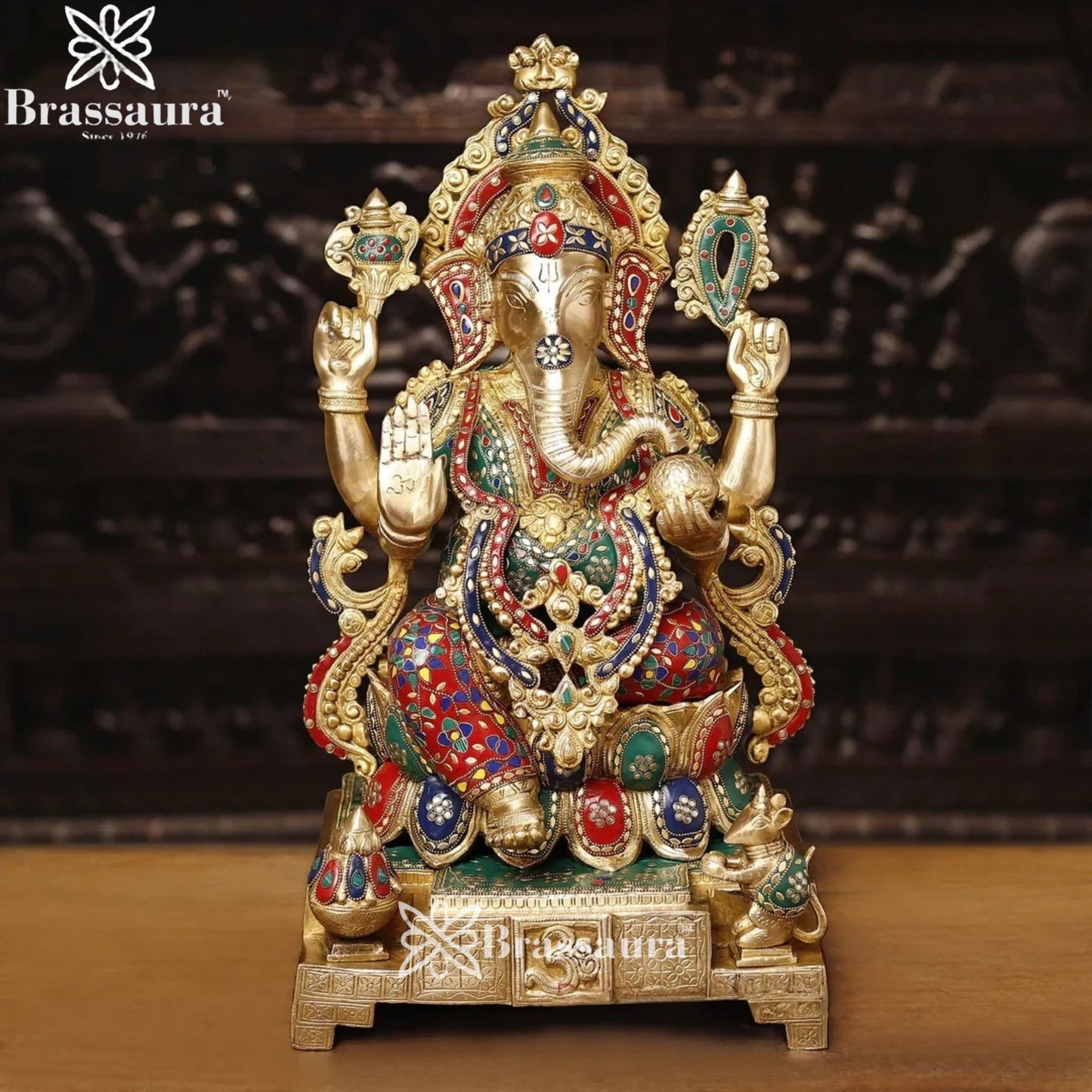 Brass Gem Stone Work Lotus Jewellery Ganesha Weight 33.5 Kg & Height 24 Inch