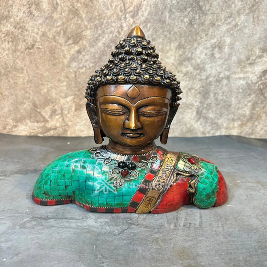 Brass Head Gem Stone Work Buddha Weight 3.4 kg & Height 10.5 Inch