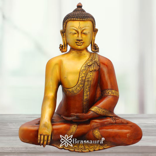 Brassaura® Brass Artistic Buddha Idol in Seated Meditation Pose – Pure Superfine Brass Handcrafted Murti, Brass Statue for Home Temple, Pooja Room – 15 Inch, 10.4 Kg