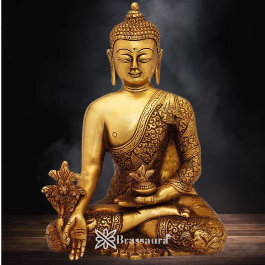 Brassaura® Buddha Seated Bhumisparsha Mudra Idol with Golden Brass Finish | Pure Superfine Brass Handcrafted Murti | Brass Statue for Home Temple, Pooja Room | Height 8 Inches | Weight 2.5 Kgs