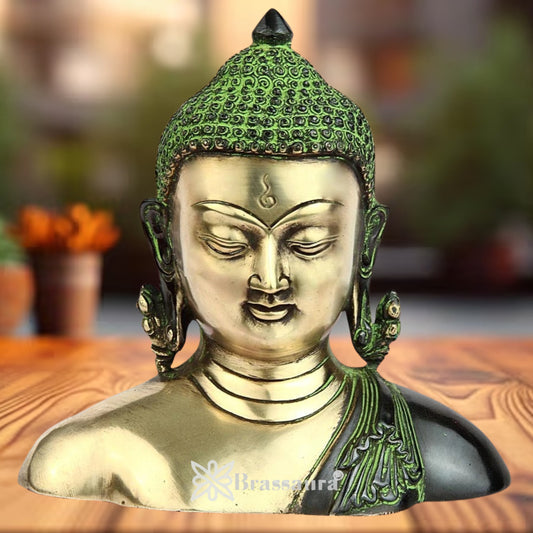 Brassaura® Buddha Bust Idol with Green And Golden Finish | Pure Superfine Brass Handcrafted Murti | Brass Statue for Home Temple, Pooja Room | Height 7 Inches | Weight 1.6 Kgs