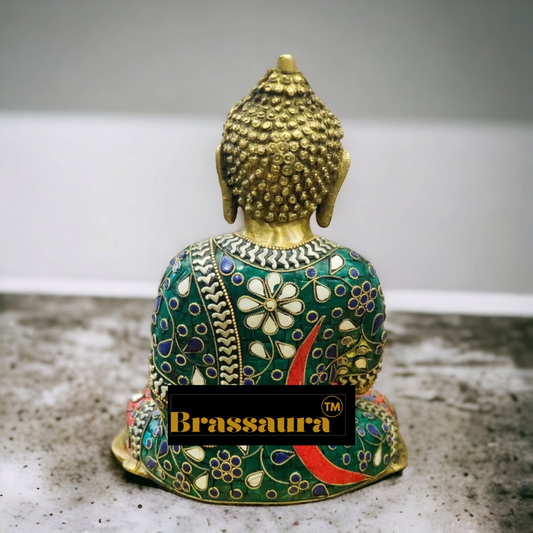 Brassaura™ Brass Gem Stone Work Bhoomisparsha Buddha Idol – Height 10 Inches | Weight 3.8 Kgs | Multi-Coloured