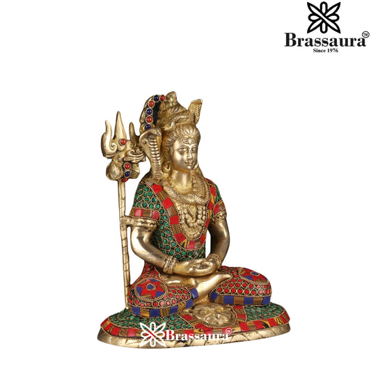 Brassaura™ Gemstone Decorated Brass Lord Shiva Statue – Height 10 Inches & Weight 4.3 Kgs | Spiritual Home Accent