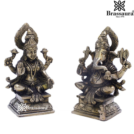 Brassaura® Lakshmi Ganesha Brass Idol Set | Traditional Handmade Brass Murti Pair | Height 5.5 Inches
