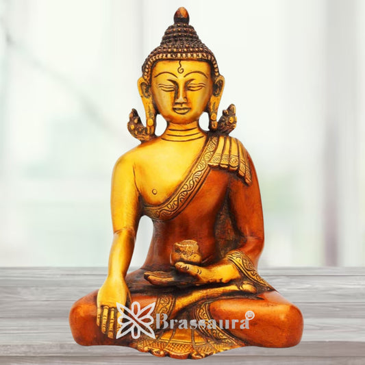 Brassaura® Antique Buddha Idol for Home & Décor | Pure Superfine Brass Handcrafted Murti, Brass Statue for Home Temple, Pooja Room | Height 6 Inches | Weight 1.3 Kg