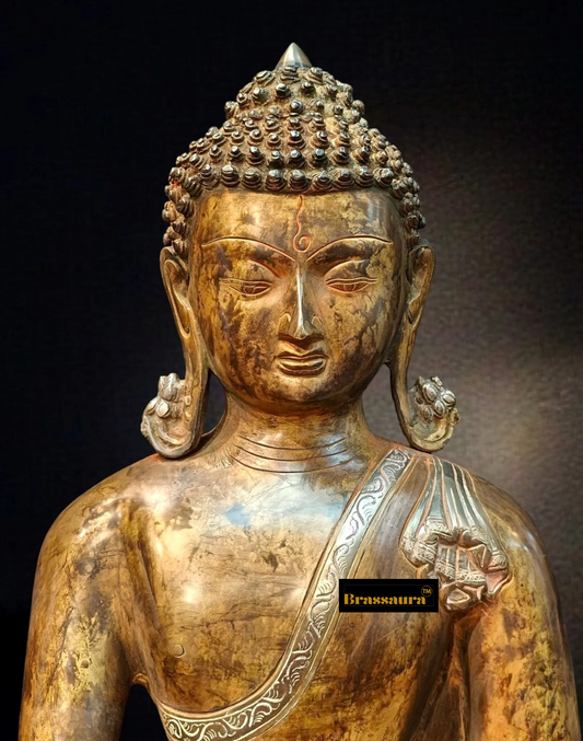 Brassaura™ Brass Bhumisparsha Buddha Statue – Nirvana Pose – Height 21 Inches, Weight 16 Kgs