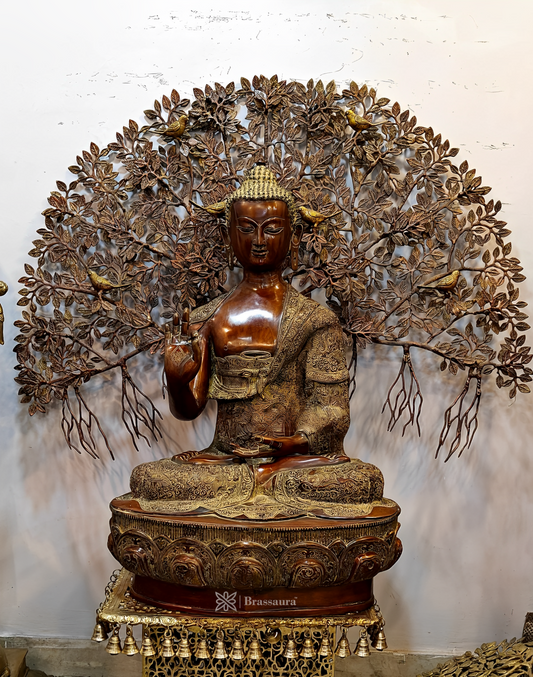 Brassaura® Buddha Sitting in Meditation & Blessing Pose with Antique Brown & Gold Brass Finish | Pure Superfine Brass Handcrafted Murti | Brass Statue for Home Temple, Pooja Room | Height 43.5 Inches | Weight 67 Kgs